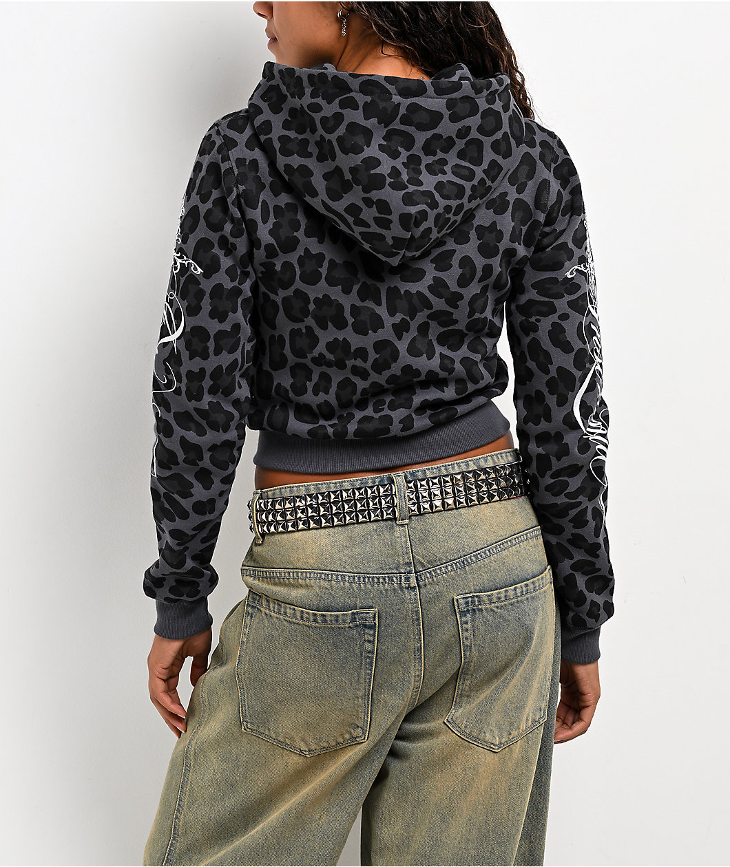 Insomnia Visuals Script Black Cheetah Crop Zip Hoodie