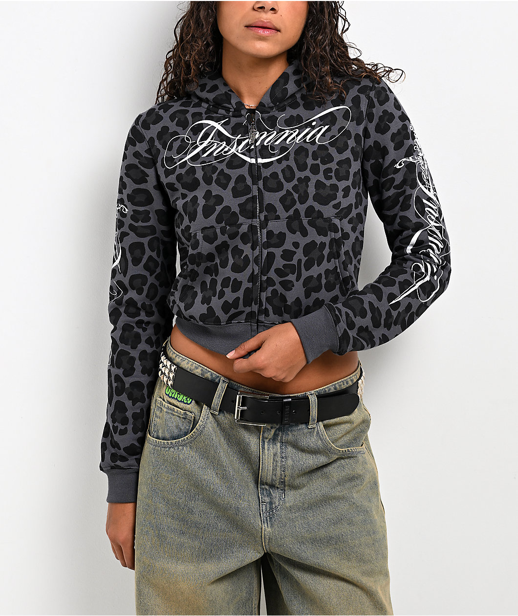 Insomnia Visuals Script Black Cheetah Crop Zip Hoodie