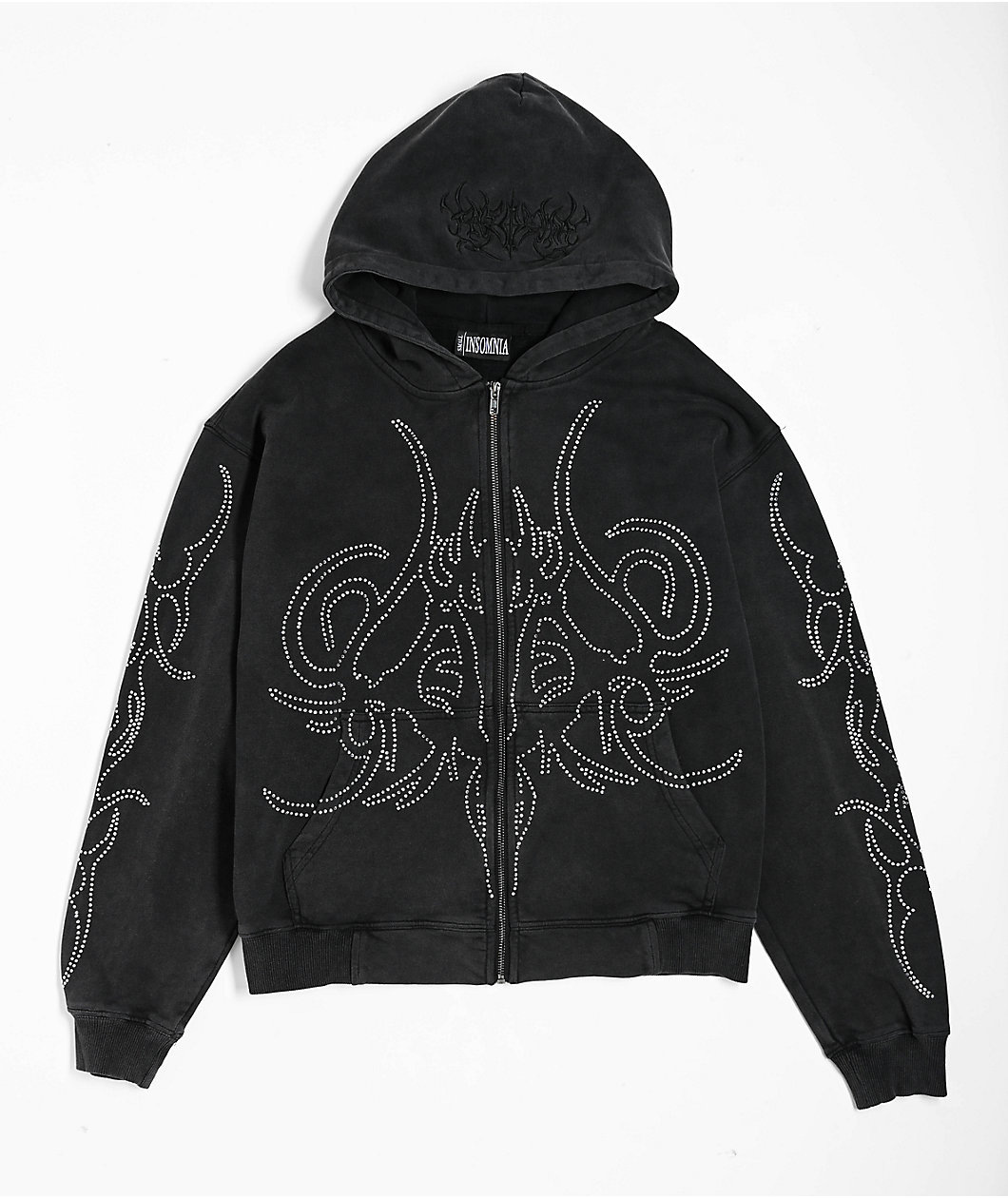 Insomnia Visuals Sigil Rhinestone Black Crop Zip Hoodie