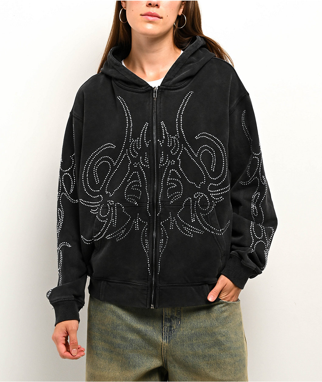Insomnia Visuals Sigil Rhinestone Black Crop Zip Hoodie