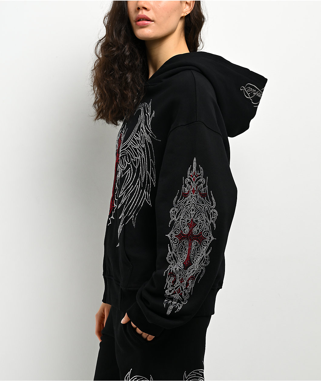 Insomnia Visuals Winged Cross Rhinestone Black Zip Hoodie