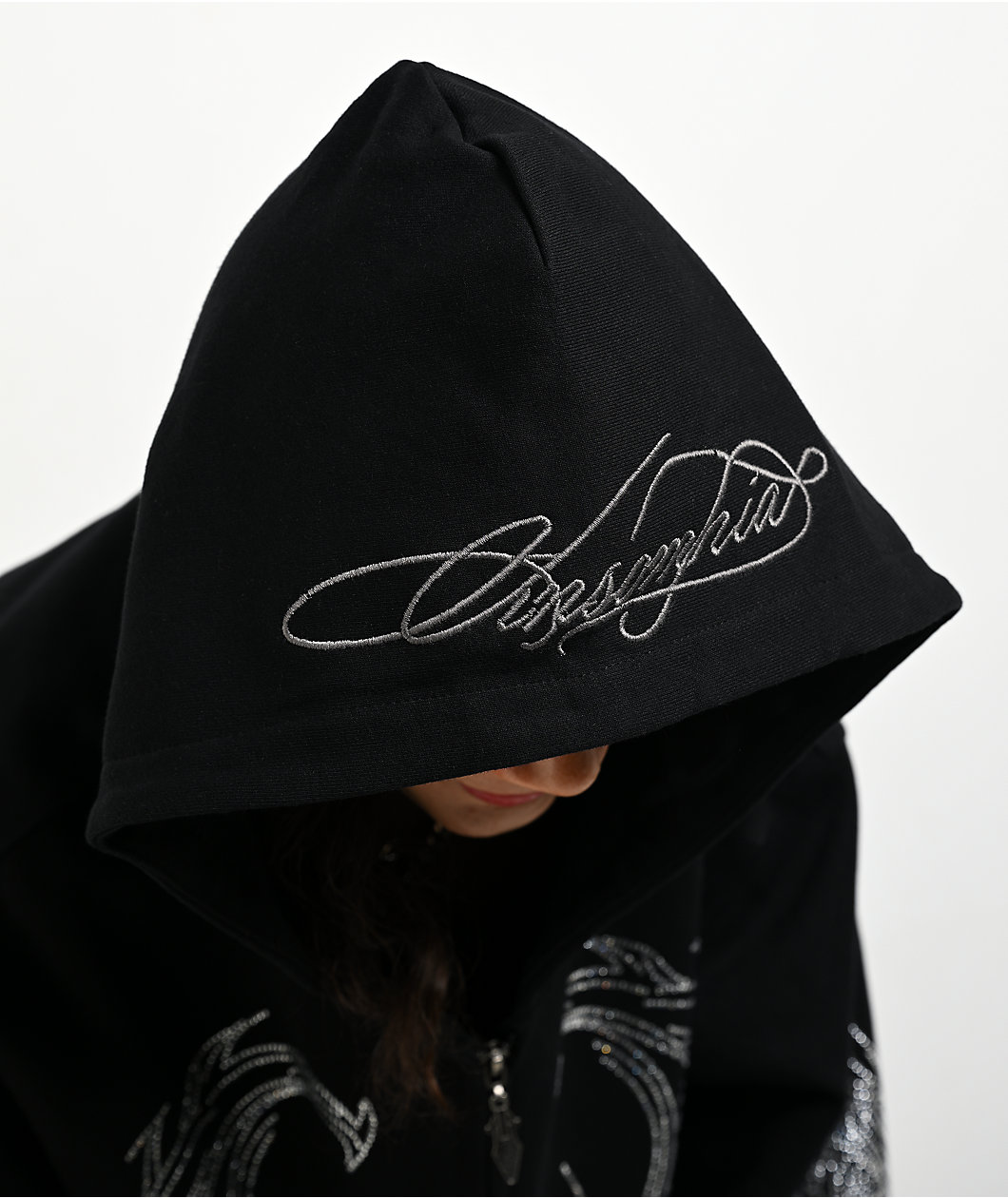 Insomnia Visuals Winged Cross Rhinestone Black Zip Hoodie