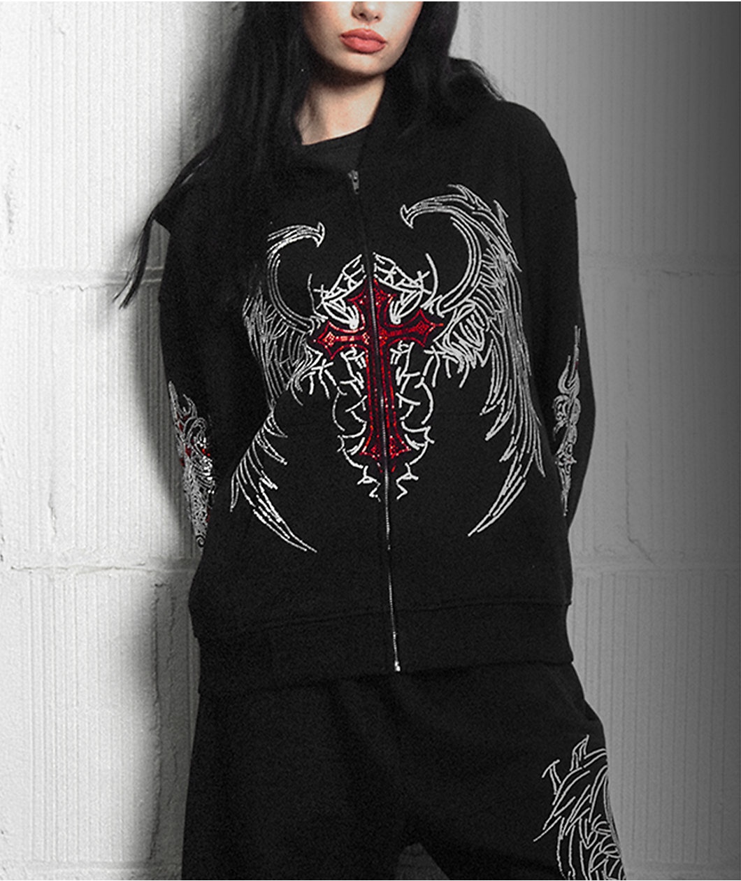 Insomnia Visuals Winged Cross Rhinestone Black Zip Hoodie