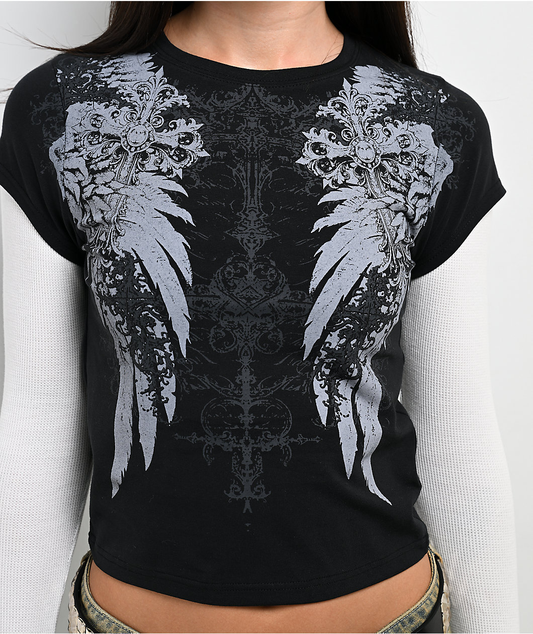 Insomnia Visuals Wings Black & White 2fer Long Sleeve T-Shirt