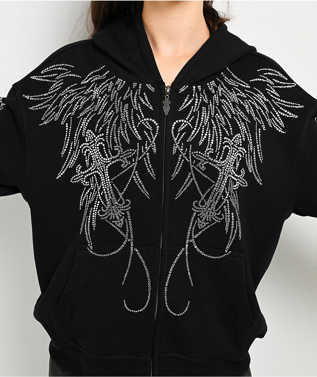 Insomnia Visuals Wings Rhinestone Black Zip Hoodie