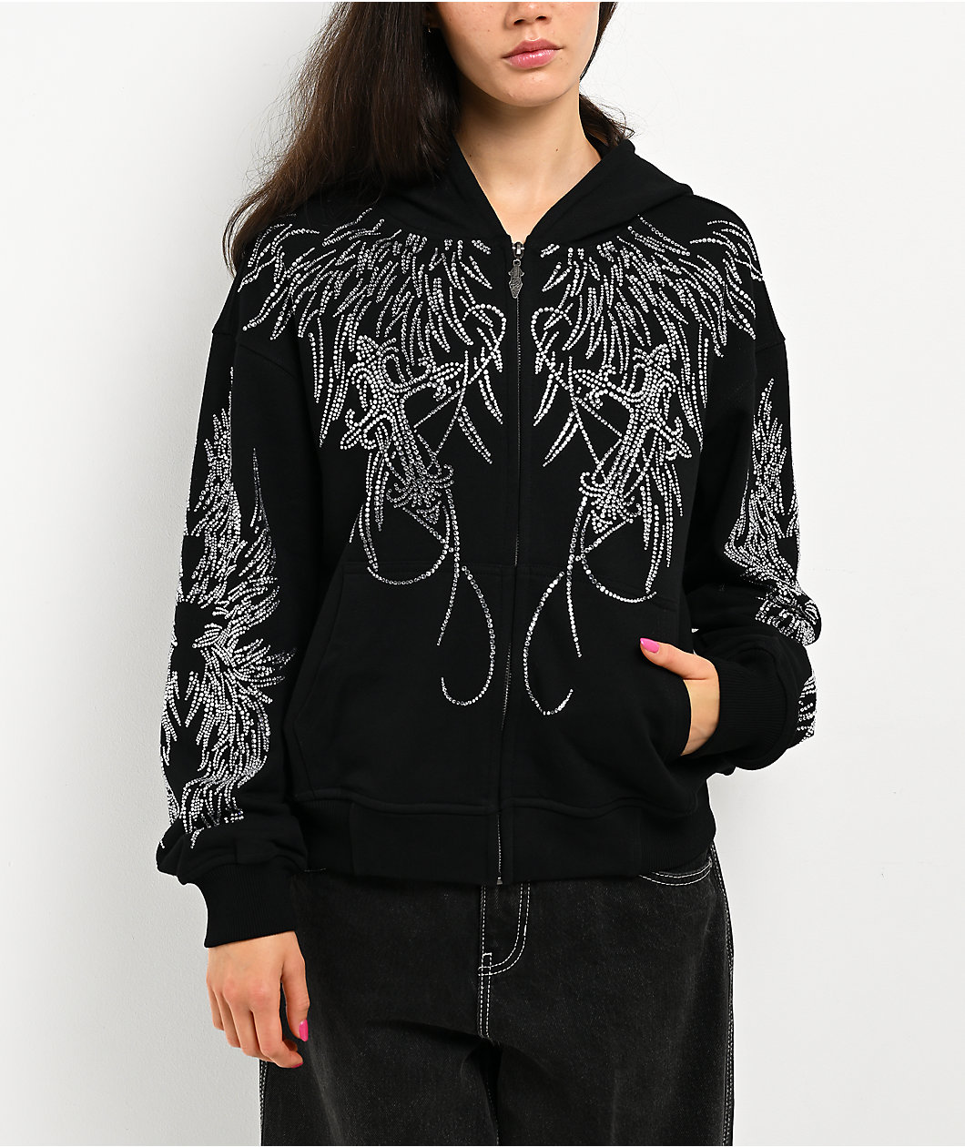 Insomnia Visuals Wings Rhinestone Black Zip Hoodie