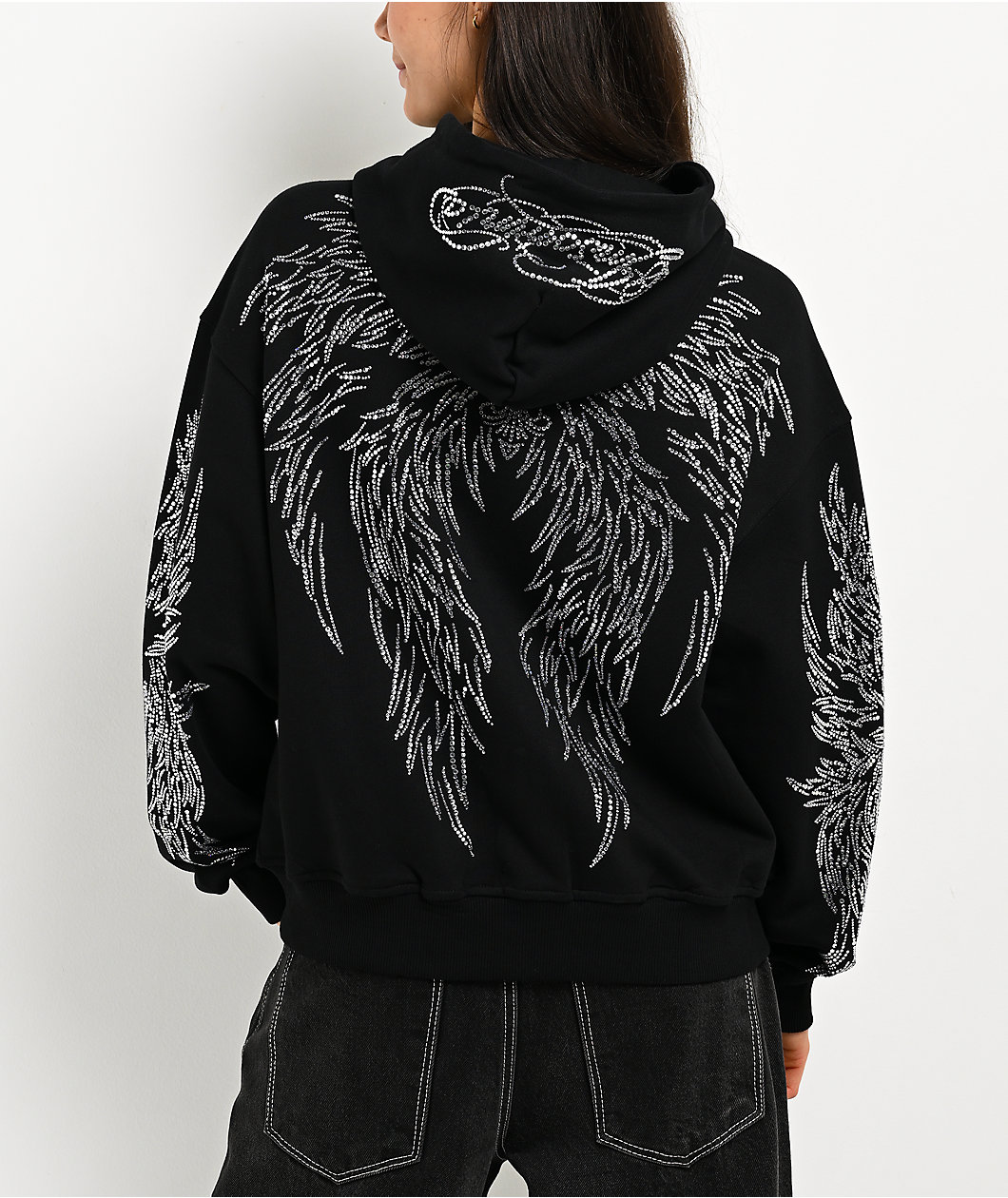 Insomnia Visuals Wings Rhinestone Black Zip Hoodie