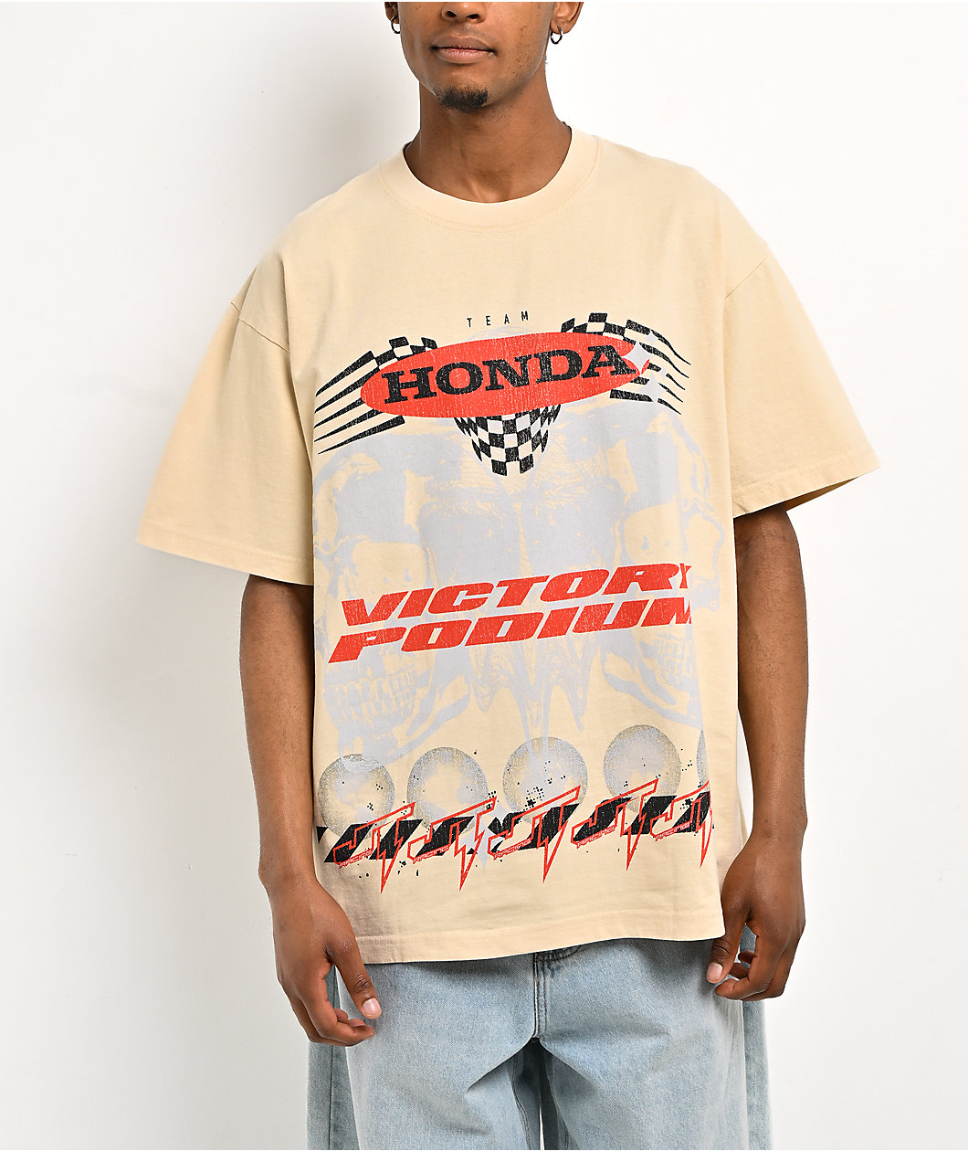 JT Racing x Honda Double Skull Natural T-Shirt