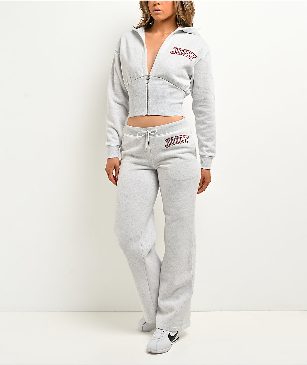 Juicy Couture V-Neck Corset Light Heather Grey Crop Zip Hoodie