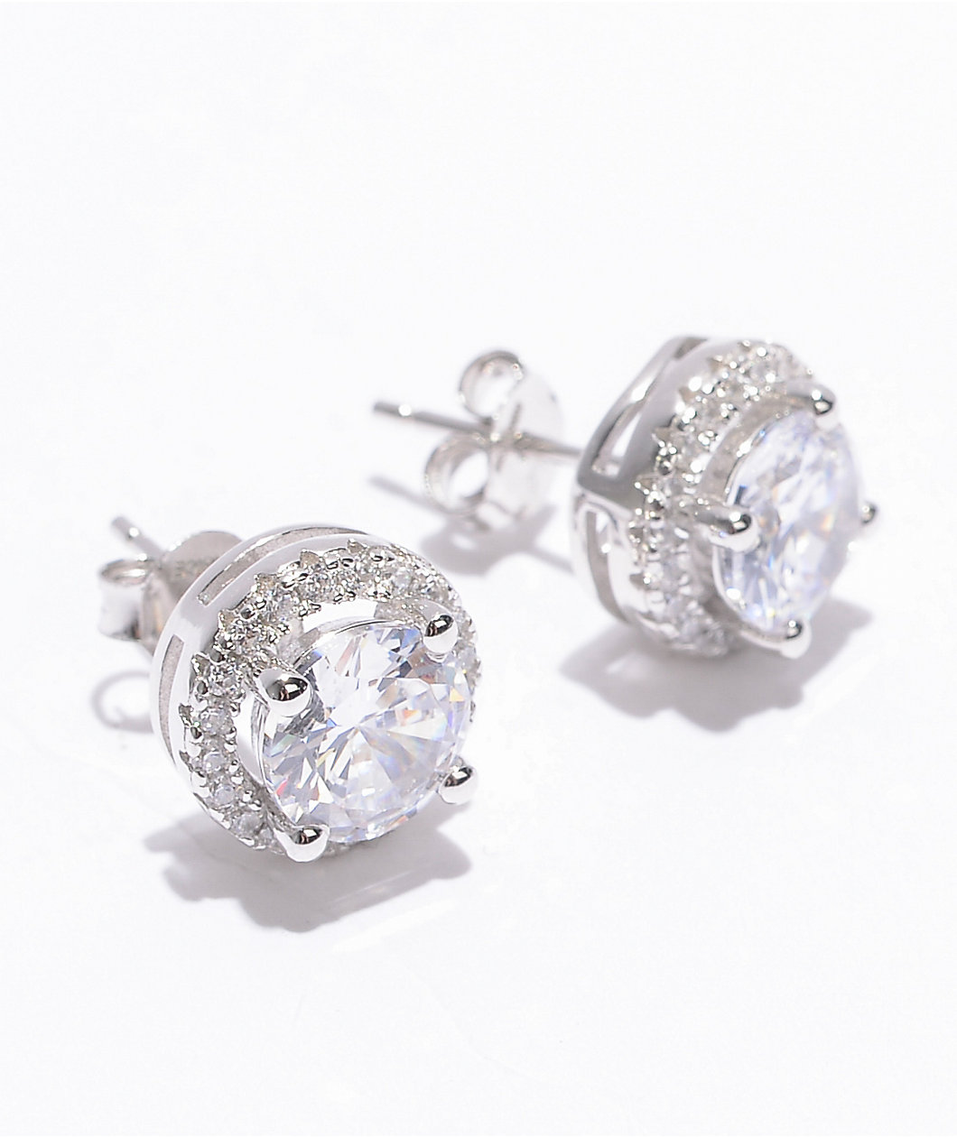 King Ice Iced Round Frame Silver Stud Earrings