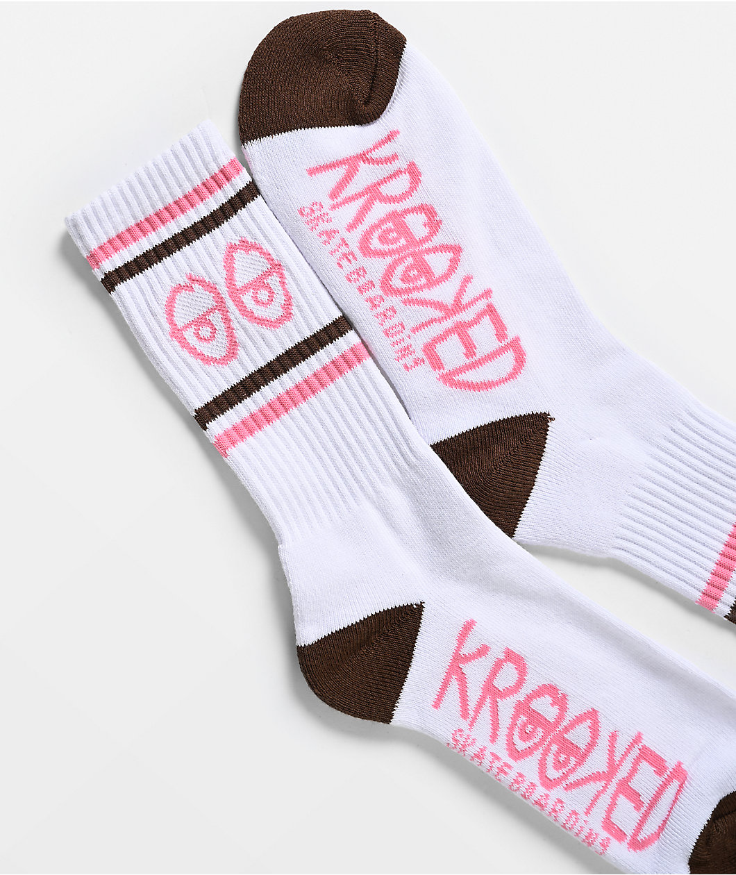 Krooked Eyes White, Pink & Brown Crew Socks