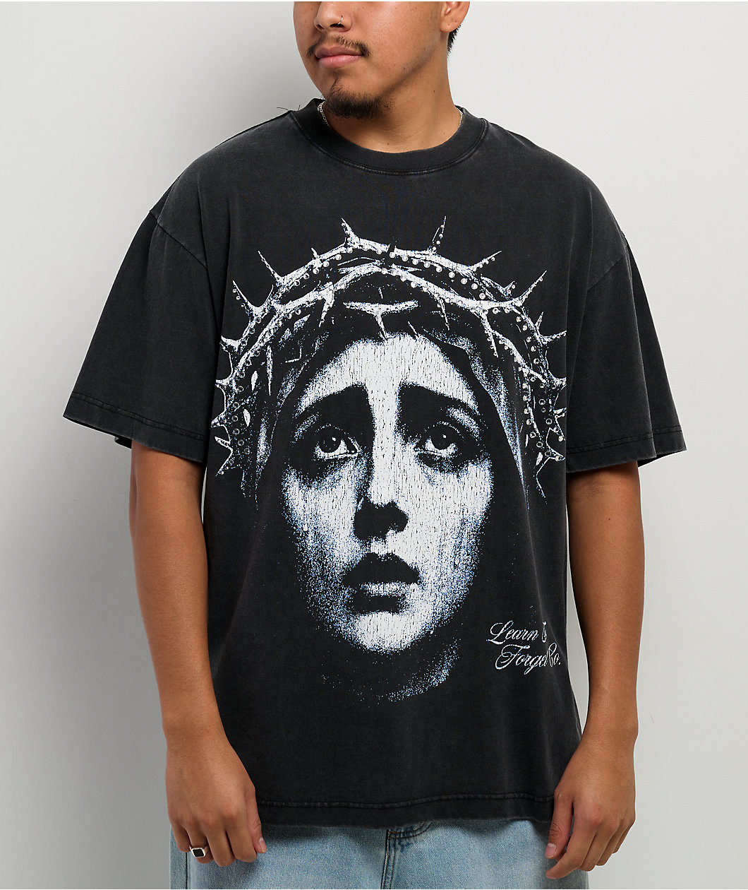 Learn To Forget Crown Of Tears Rhinestone Black Wash T-Shirt
