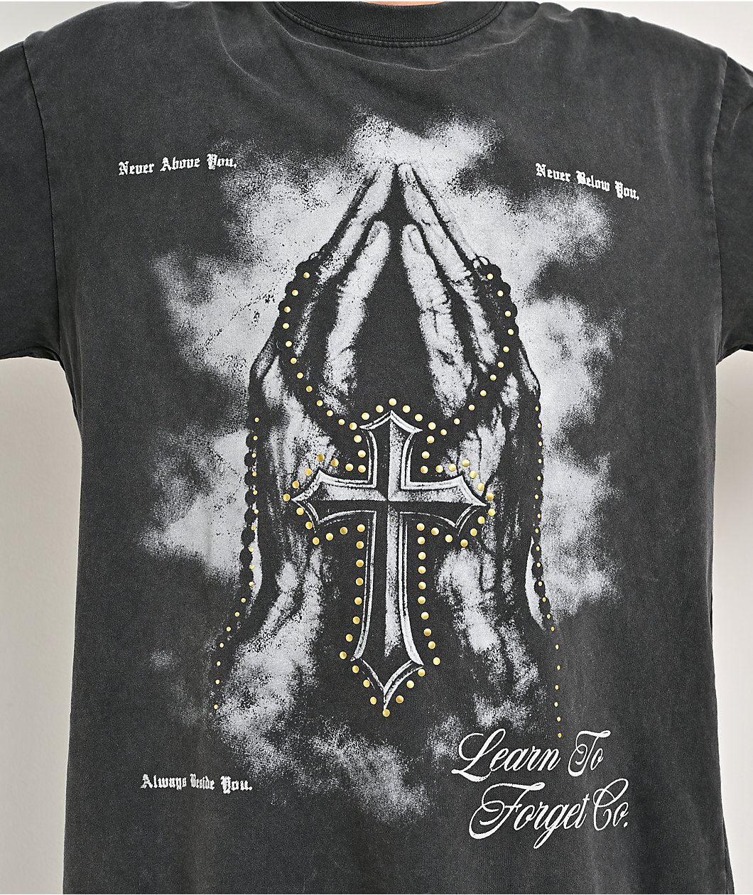 Learn To Forget Grace Cross Rhinestone Black Wash T-Shirt