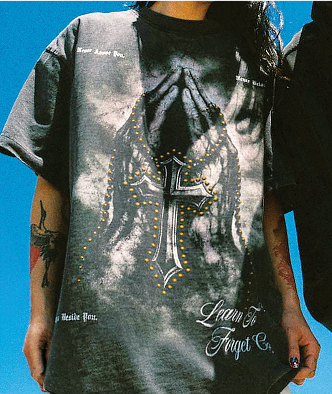Learn To Forget Grace Cross Rhinestone Black Wash T-Shirt