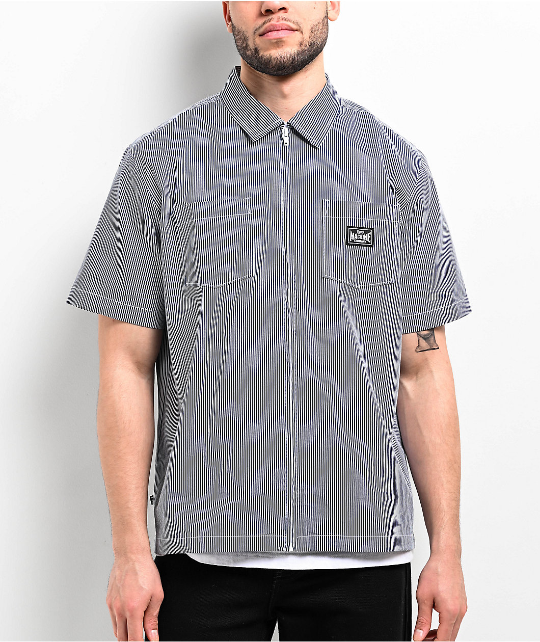 Loser Machine Montes Blue Pinstripe Short Sleeve Zip Shirt