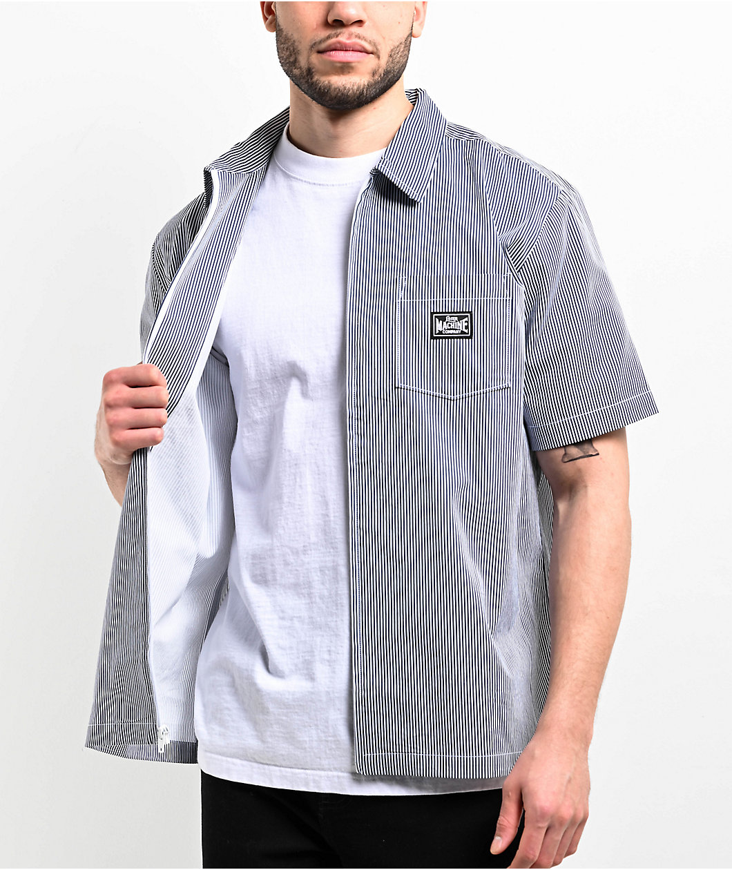 Loser Machine Montes Blue Pinstripe Short Sleeve Zip Shirt