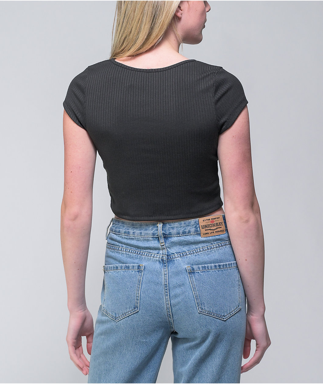Lunachix Black Rib Tie Front Crop Top