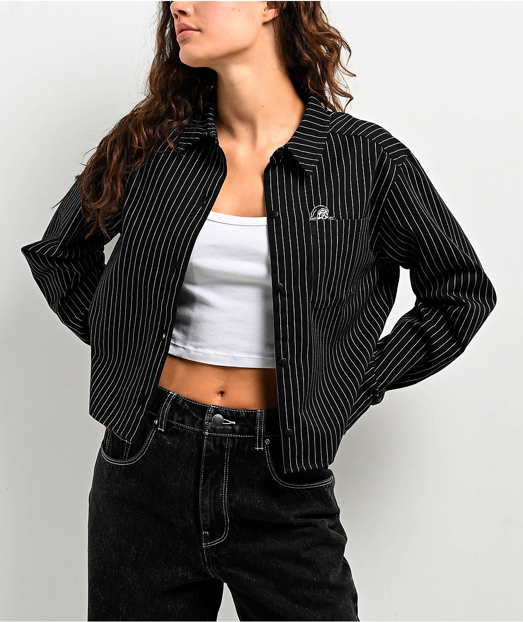 Lurking Class By Sketchy Tank Lurker Stripe Black & White Long Sleeve Crop Button Up Shirt