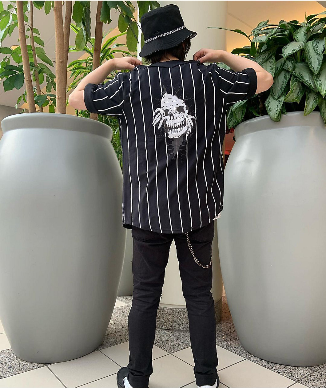 Lurking Class by Sketchy Tank Black & White Pinstripe Baseball Jersey