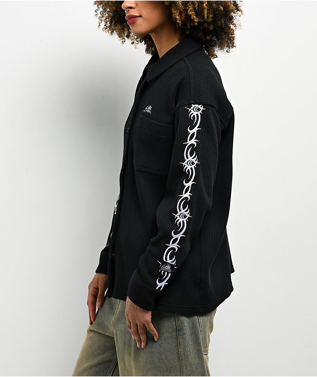 Lurking Class by Sketchy Tank Cyber Skull Black Thermal Long Sleeve Button Up T-Shirt