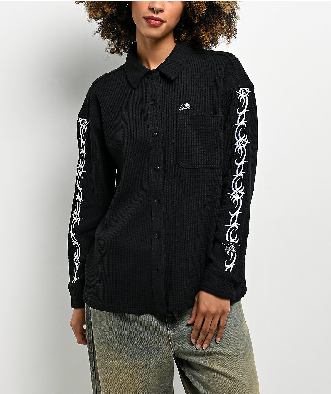 Lurking Class by Sketchy Tank Cyber Skull Black Thermal Long Sleeve Button Up T-Shirt