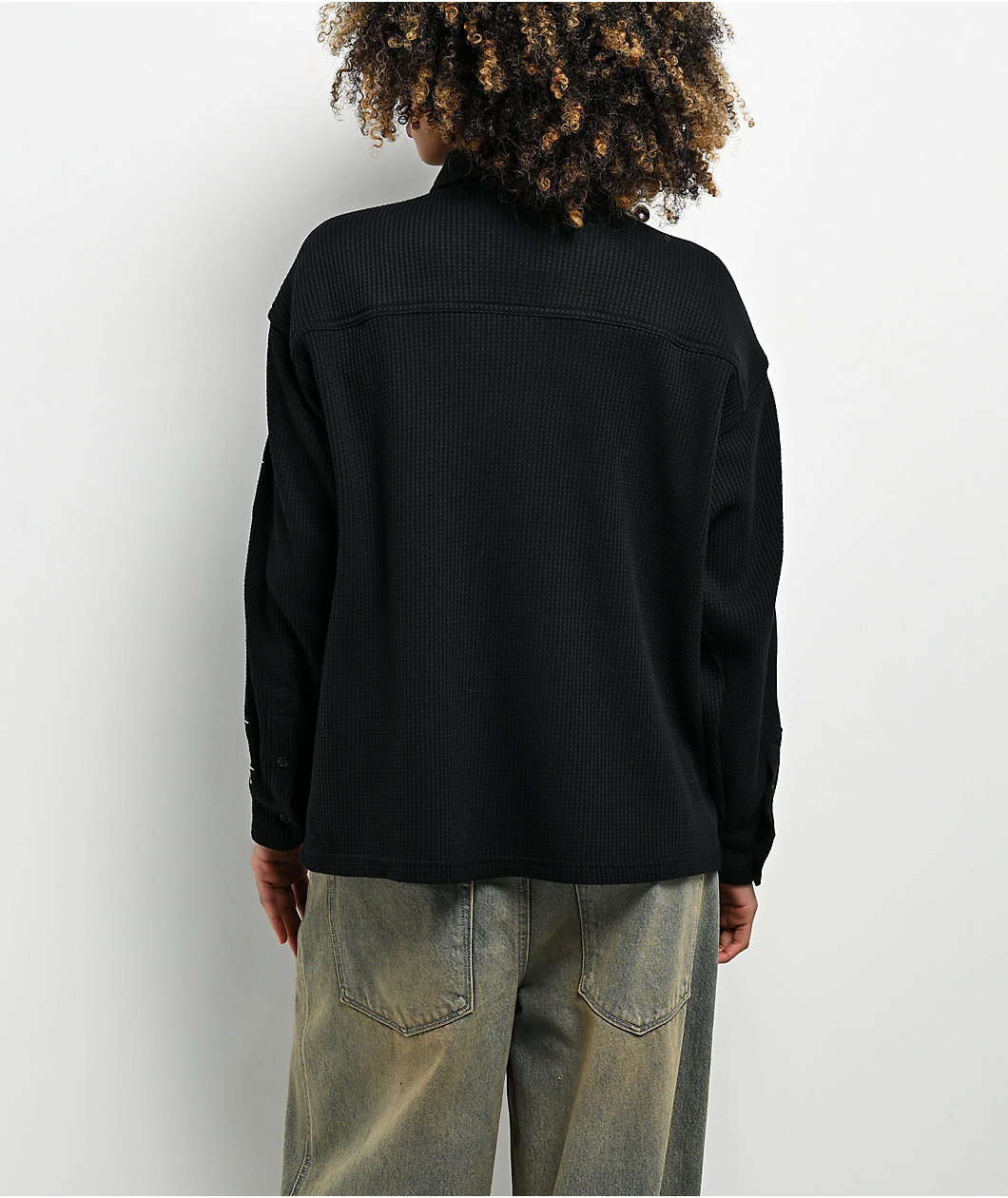 Lurking Class by Sketchy Tank Cyber Skull Black Thermal Long Sleeve Button Up T-Shirt