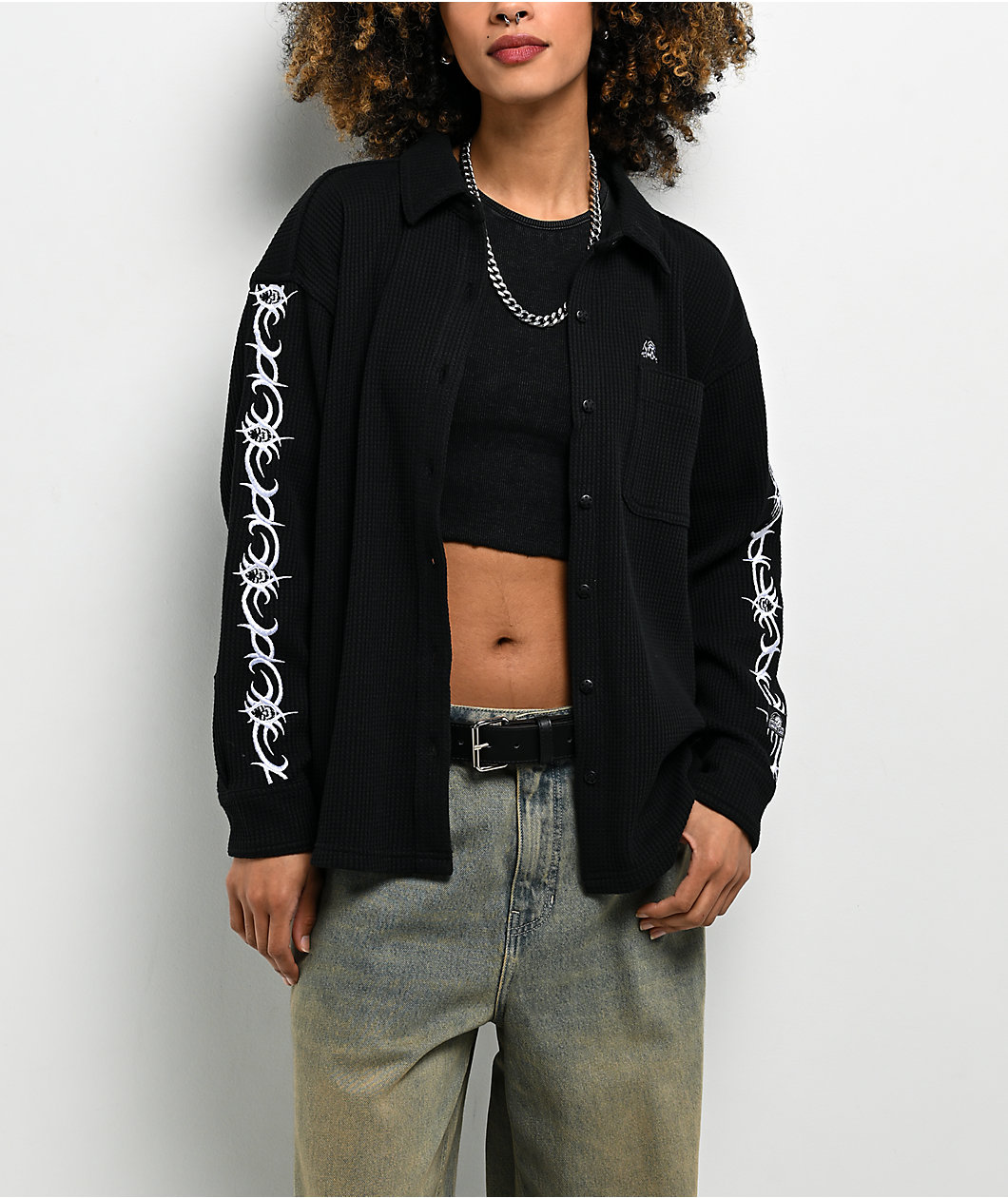 Lurking Class by Sketchy Tank Cyber Skull Black Thermal Long Sleeve Button Up T-Shirt