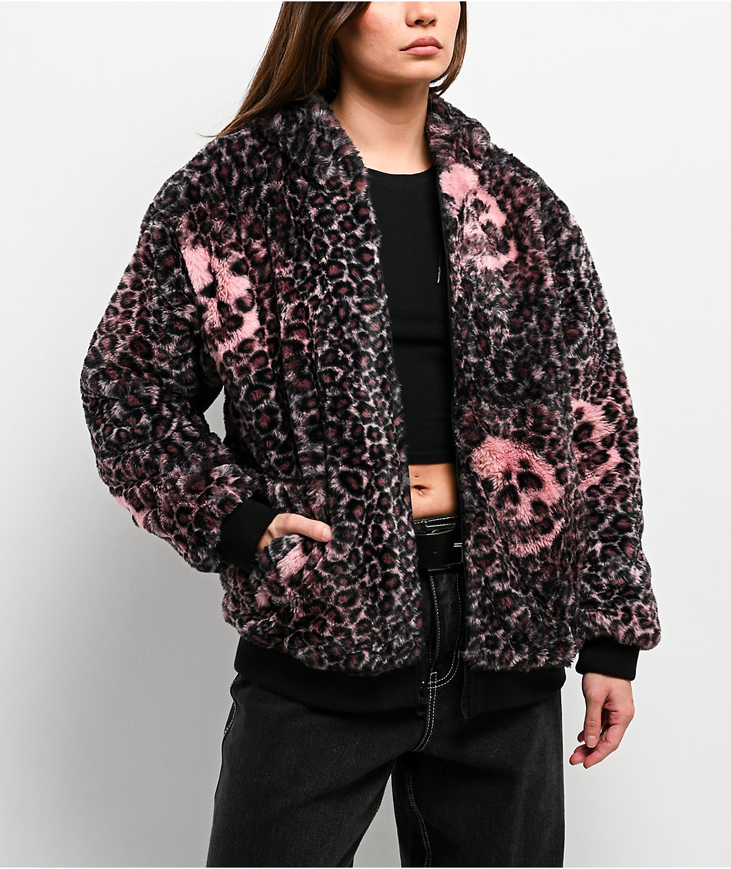 Lurking Class by Sketchy Tank Death Leopard Black & Pink Faux Fur Reversible Work Jacket