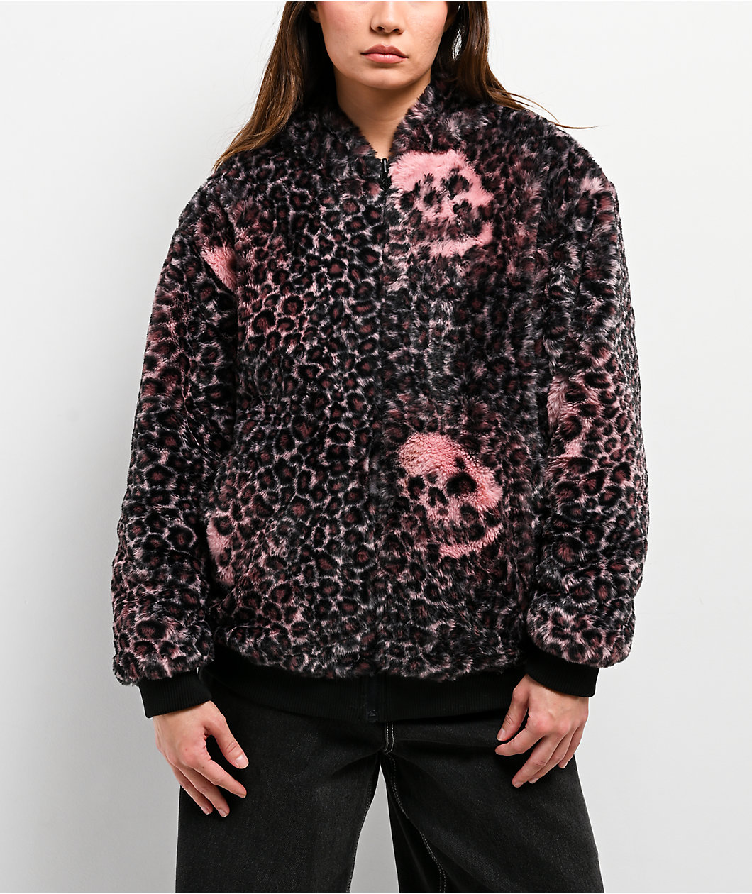 Lurking Class by Sketchy Tank Death Leopard Black & Pink Faux Fur Reversible Work Jacket