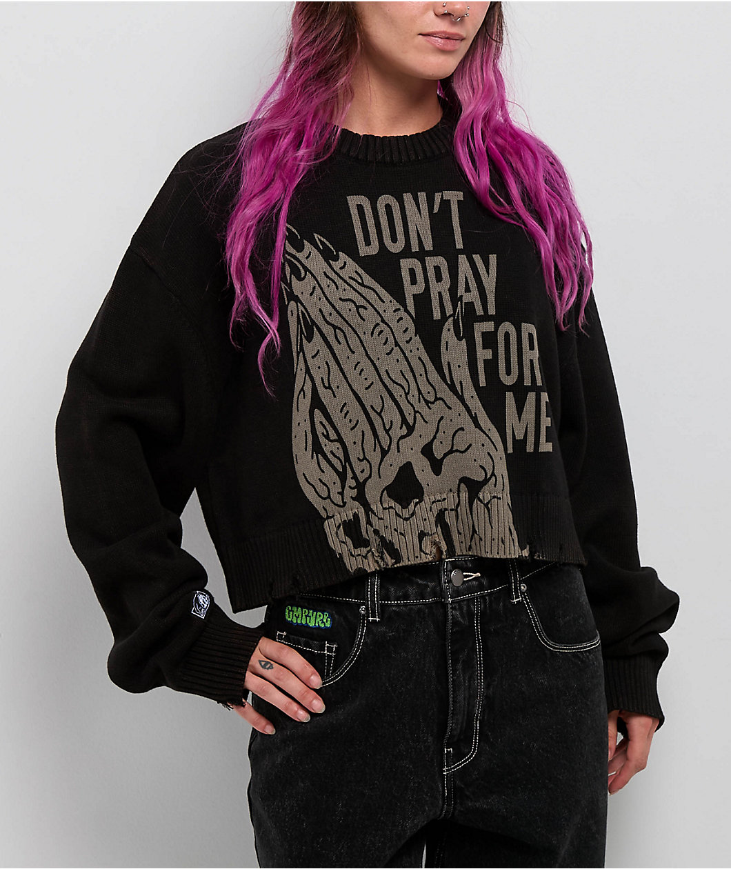 Lurking Class by Sketchy Tank Don't Pray For Me Black Crop Sweater