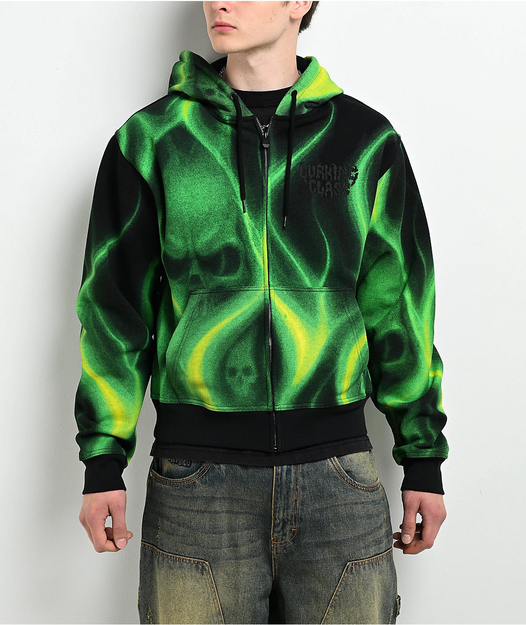Lurking Class by Sketchy Tank Ghost Rider Black & Green Crop Zip Hoodie
