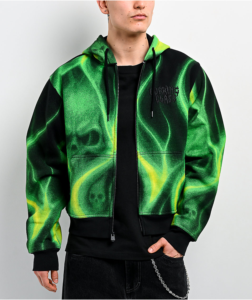 Lurking Class by Sketchy Tank Ghost Rider Black & Green Crop Zip Hoodie