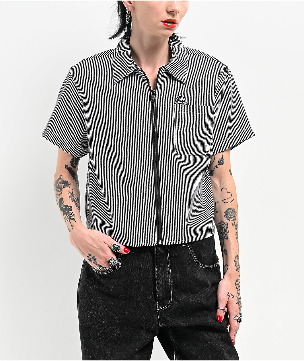 Lurking Class by Sketchy Tank Lurker Black & White Stripe Crop Work Shirt