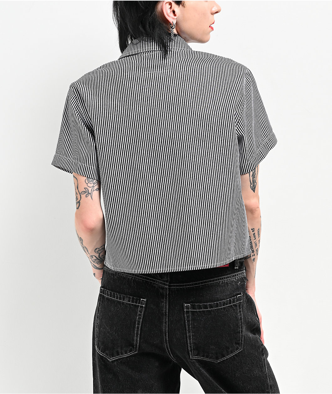 Lurking Class by Sketchy Tank Lurker Black & White Stripe Crop Work Shirt