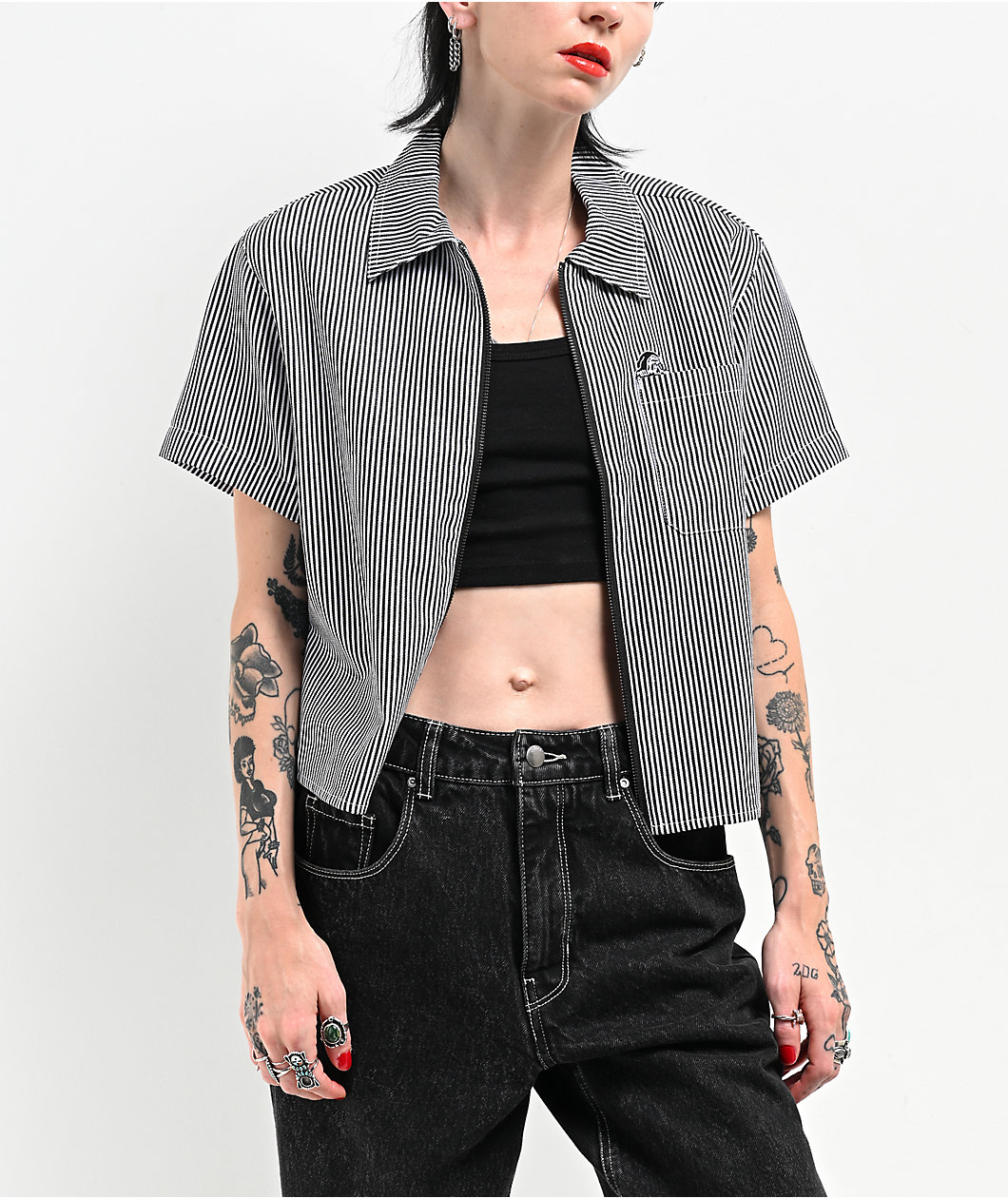 Lurking Class by Sketchy Tank Lurker Black & White Stripe Crop Work Shirt