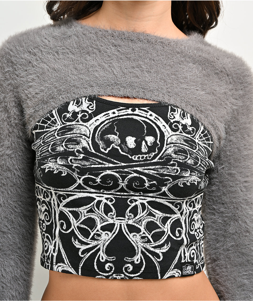 Lurking Class by Sketchy Tank Memento Mori Faux Fur Grey & Black Shrug Crop Tank Top Set