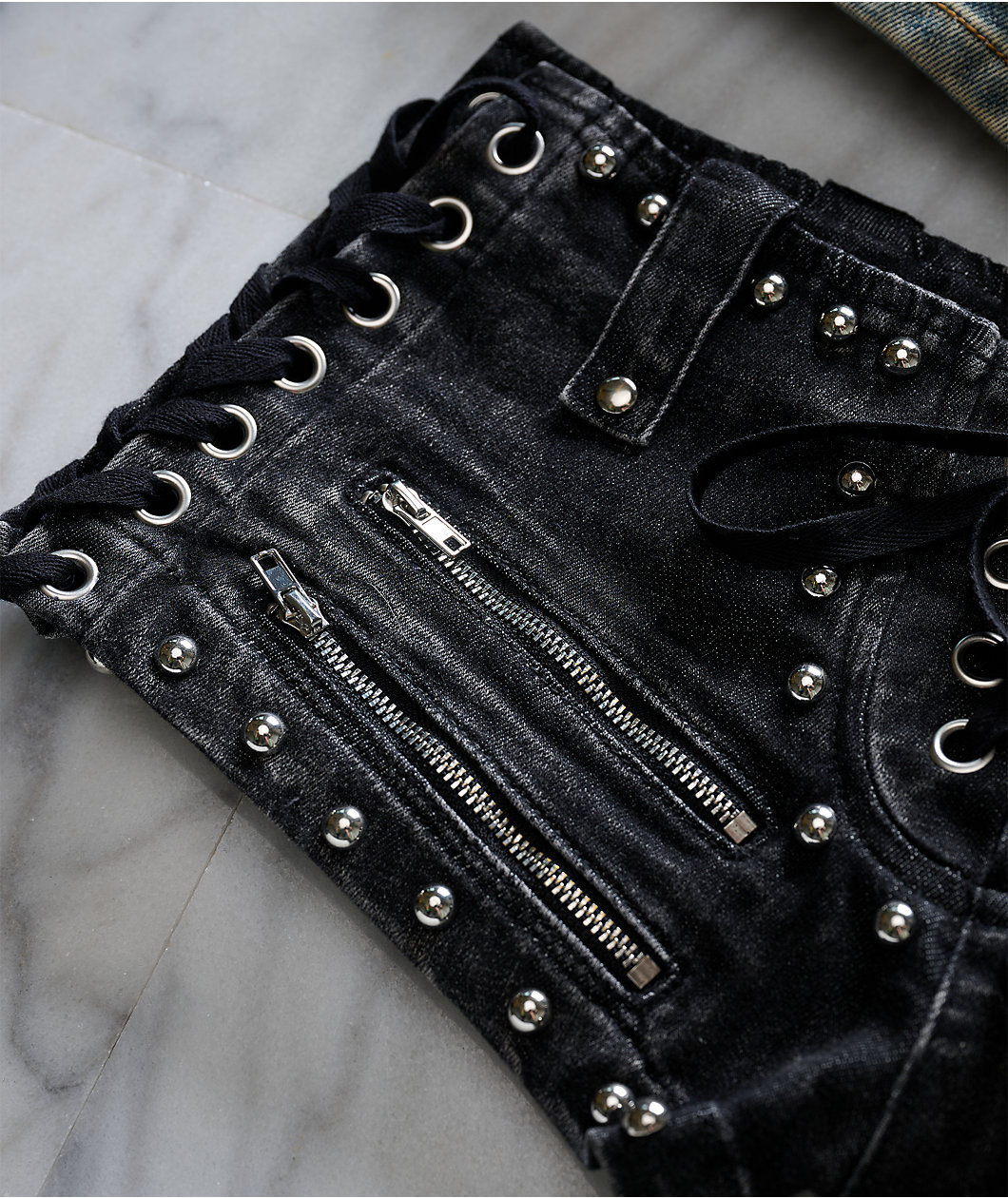 Mebon Rebel Studded Black Wash Micro Shorts