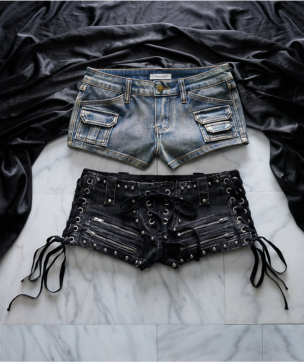 Mebon Rebel Studded Black Wash Micro Shorts