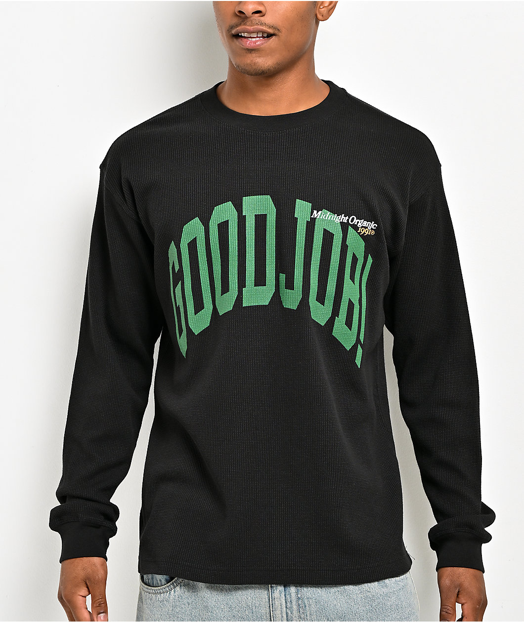 Midnight Organic Varsity Good Job Black Thermal Long Sleeve T-Shirt