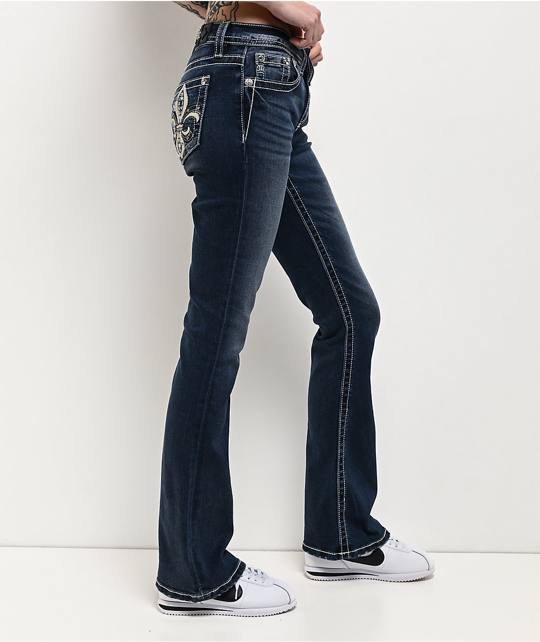Miss Me Fleur De Lis Light Blue Wash Bootcut Jeans