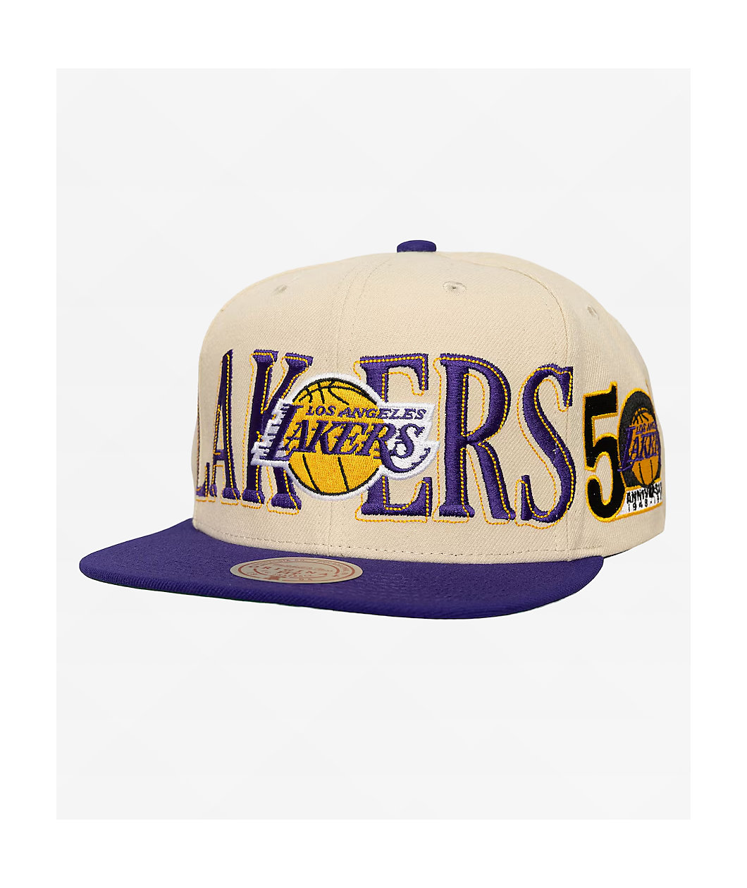 Mitchell & Ness Los Angeles Lakers Across The Board Cream & Blue Snapback Hat
