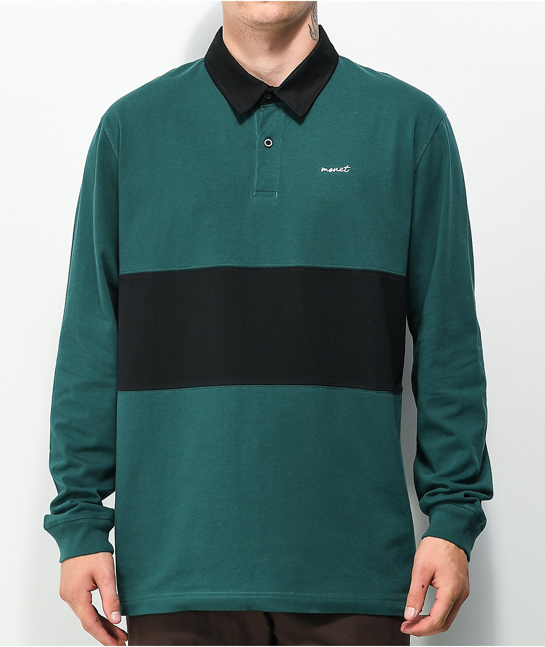 Monet Blocked Green & Black Long Sleeve Polo Shirt