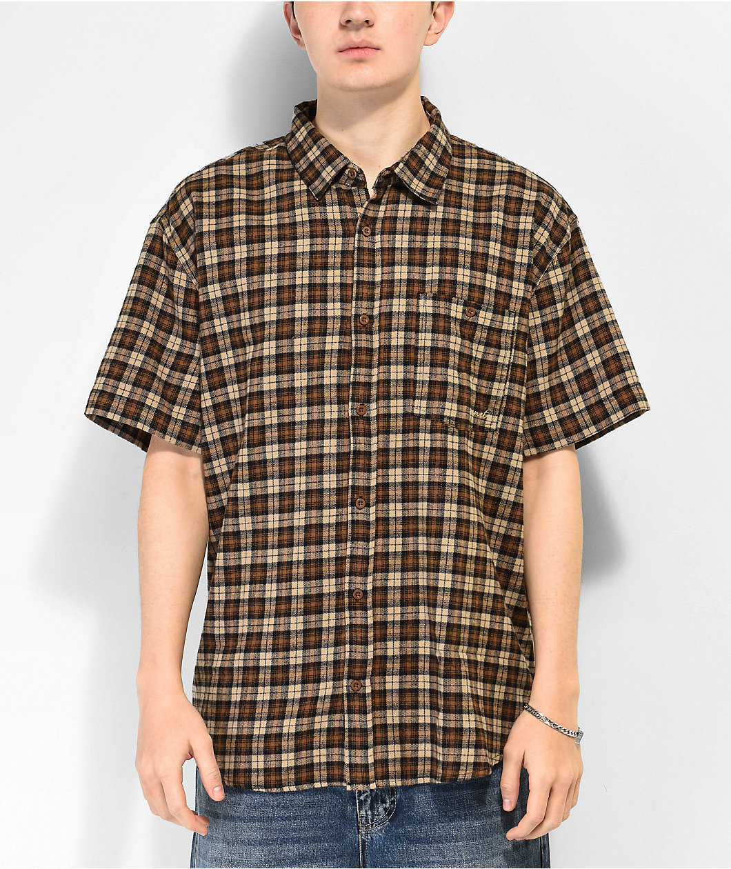 Monet Skateboards Push It Brown Short Sleeve Flannel Shirt