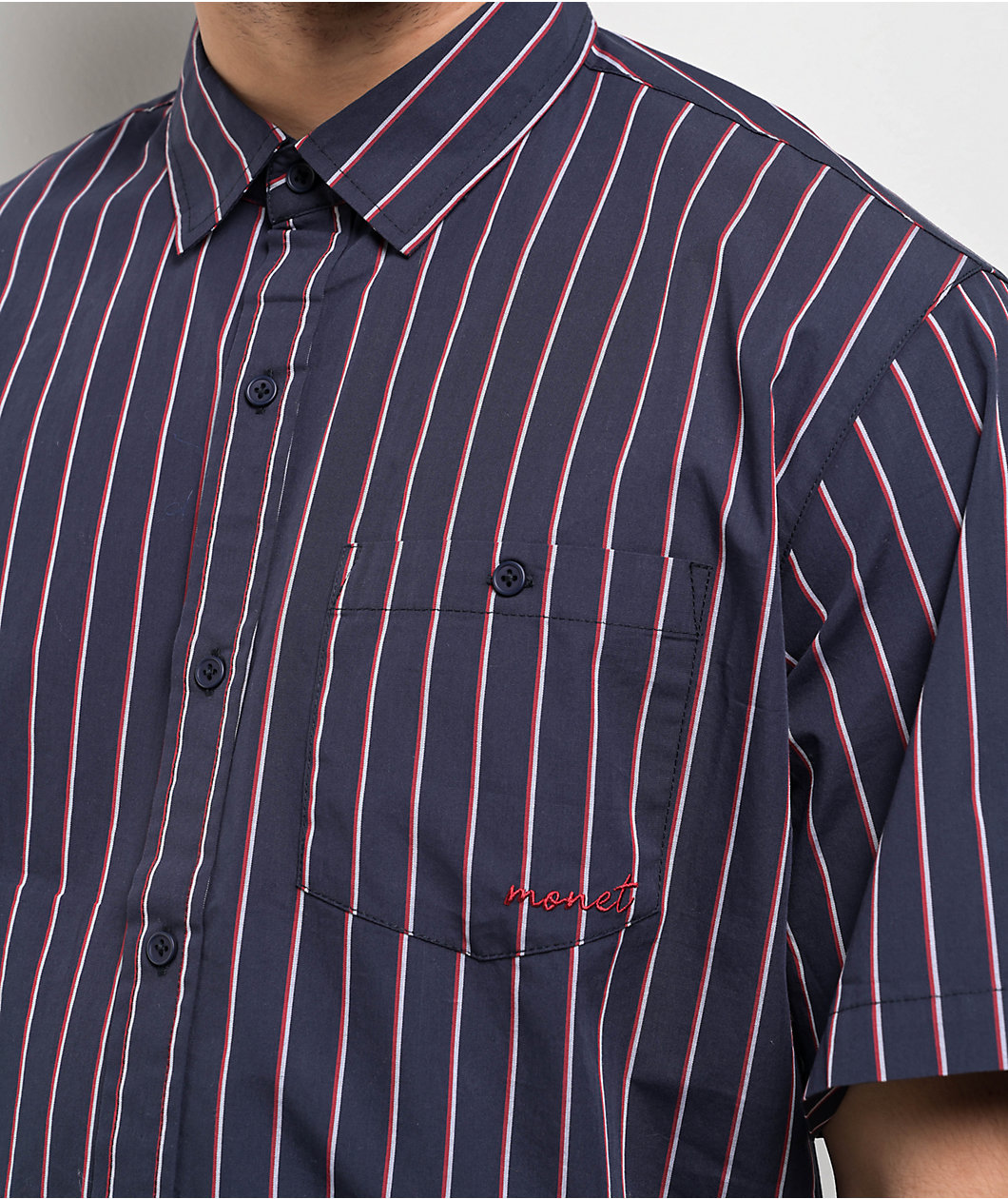 Monet Skateboards Sweeper Stripe Red, White, & Blue Button Up Shirt