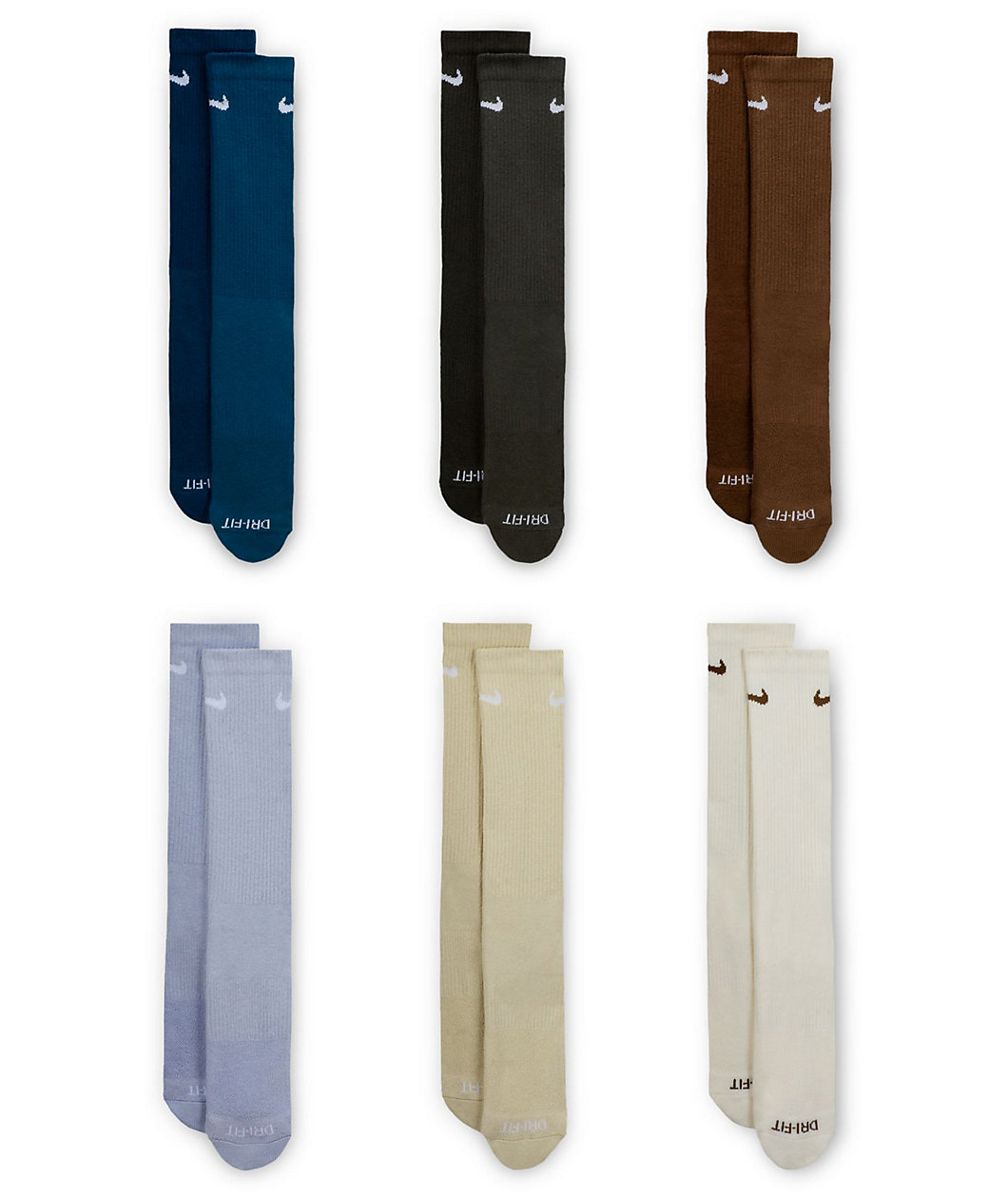 Nike Everyday Plush Cushioned Brown & Blue 6 Pack Crew Socks
