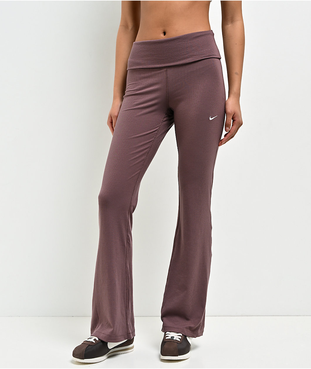 Nike Sportswear Chill Knit Tattoo Brown Fold Over Flare Leggings