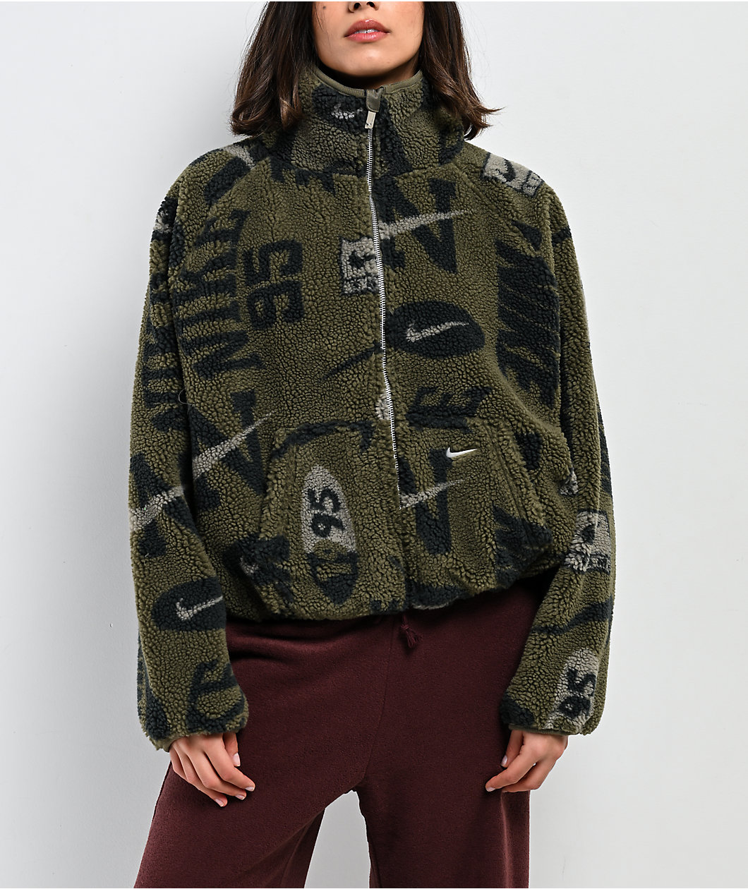 Nike Sportswear High-Pile Fleece Olive Sherpa Crop Jacket