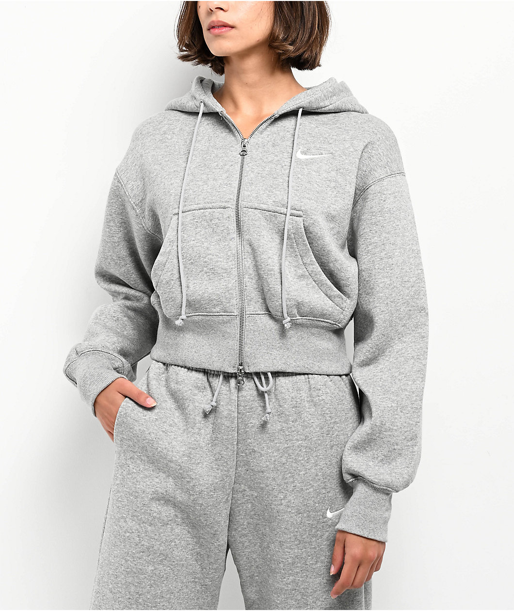 Nike Sportswear Phoenix Fleece Heather Grey Crop Zip Hoodie