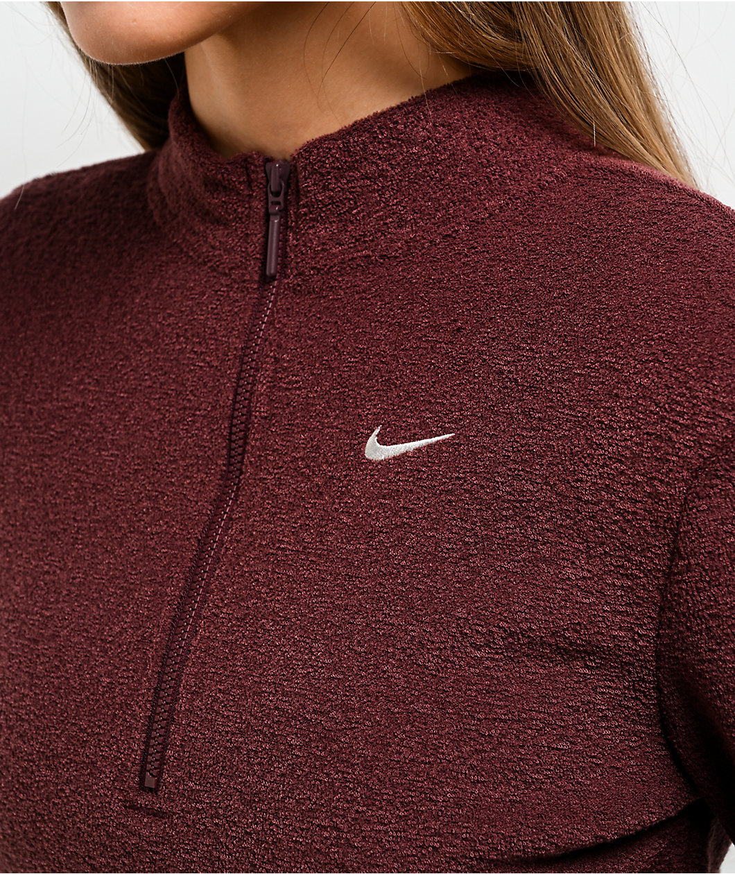 Nike Sportswear Phoenix Plush Burgundy Crush Quarter Zip Crop Sweatshirt
