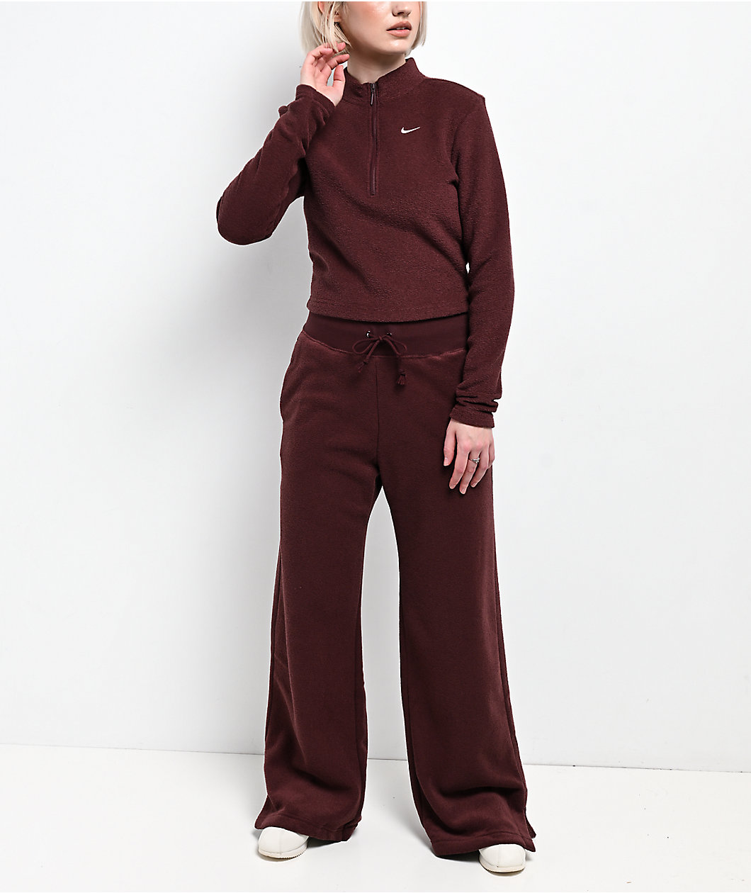 Nike Sportswear Phoenix Plush Burgundy Crush Quarter Zip Crop Sweatshirt
